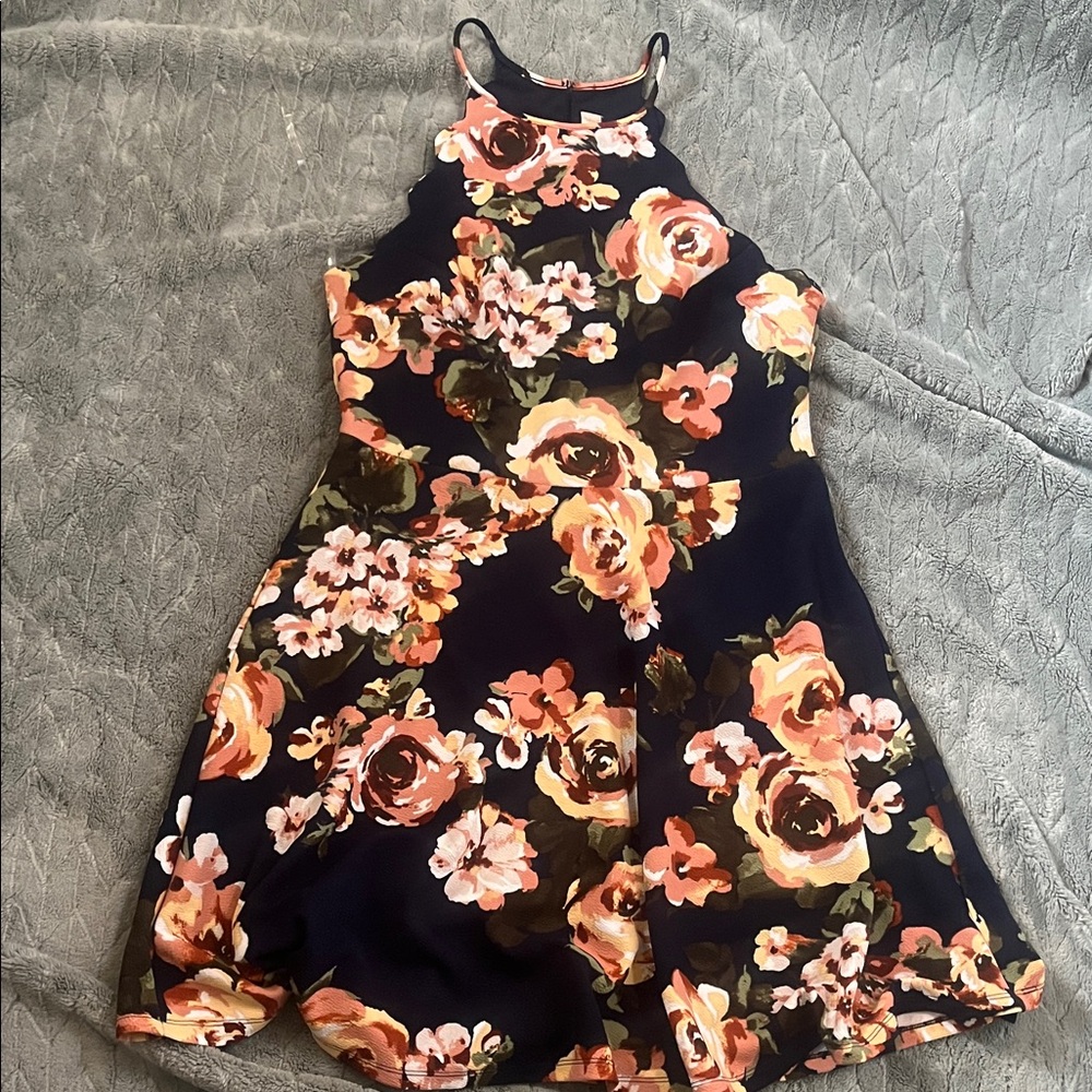 Altar'd State Navy Halter Dress with Peach & Pink Floral Print